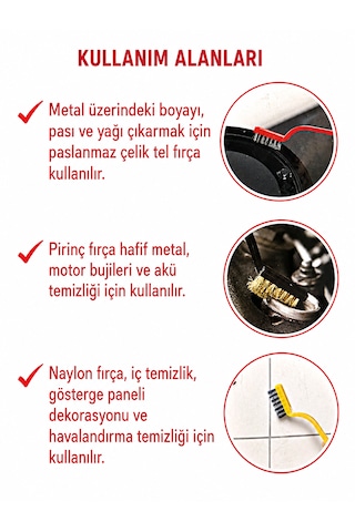 Sara 3 Lü Mini Tel Fırça Seti Pirinç + Paslanmaz Çelik + Naylon Tel 3'lü