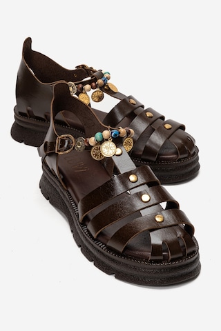 Luvishoes Solıs Kahverengi Hakiki Deri Boncuklu Kadın Sandalet