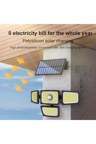 Vkemall Ev Bahçe Duvar Lambası Güneş Enerjili 4 Ayağı 283 Led Işık 6000-7000k Ip44 Su Geçirmez Vücut Algılama 3-5m Ty10811