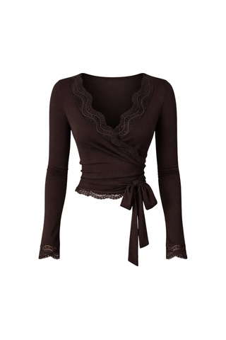 Black Fashion Kruvaze Bağlamalı Dantelli Kahverengi Bluz