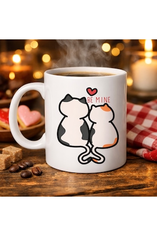 Be Mine Sevimli Kedili Porselen Kupa Model 40 Aşık Kediler Tasarımlı Sevgiliye Özel Kahve Kupası Düz Renkli