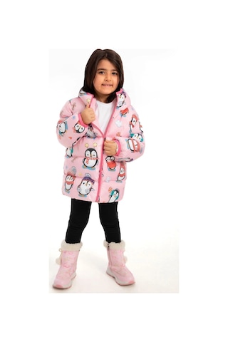 Kız Çocuk Polarlı Kapüşonlu Penguen Şeker Desenli Kışlık Şişme Mont & Kaban & Parka-40 Pembe