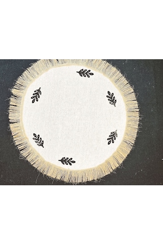 %100 Pamuklu Ham Keten Hasır Püsküllü Minik Desen Taş Baskı 6' Lı Amerikan Servisi Supla Yuvarlak 40cm Naturel