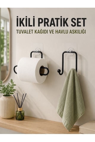Duvara Yapışkanlı 2 Li Düzenleme Seti Havlu Askısı Ve Tuvalet Kağıdı Tutucu Siyah