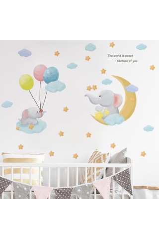 Duvar Çıkartmaları Seti, Filler, Ay, Bulutlar, Yıldızlar, Balonlar Duvar Çok Renkli