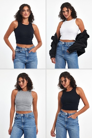 Comeor Kadın Siyah-gri-beyaz-lacivert Fitilli Görünümlü Askılı Kalın Esnek Örme 4'lü Basic Crop Atlet Bluz