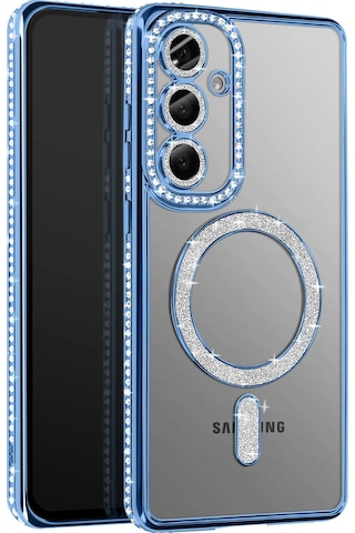 Samsung Galaxy S26 Uyumlu Kılıf Parlak Taşlı Simli M-safe Telefon Kılıfı Kapak Mavi