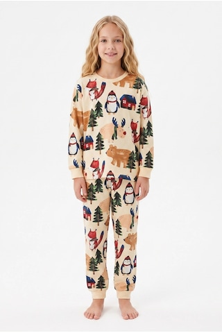 Bunny Hopp Kız Ve Erkek Çocuk Uzun Kollu Pijama Takımı %100 Pamuk Bej Kış Ormanı Ve Yılbaşı Desenli Penye