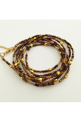 K216 Minimal, Zarif Boncuk, Dolamalı Kolye Kahverengi&atın Sarı Altın - Kahverengi