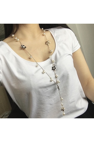 İnci Beş Yapraklı Çiçek Uzun Kolye Kadın Püskül Uzun Kazak Zinciri Beyaz Çok Renkli