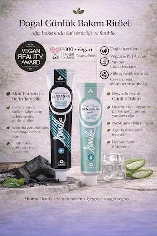 Ben&anna Aktif Karbon Ve White Fresh Florürlü Diş Macunu 2 Li Set Vegan Doğal 75 Ml