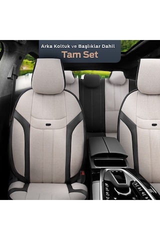 Swan Design Yüksek Kalite Keten Noktalı Deri Detaylı Ekstra Destekli Universal Oto Koltuk Kılıfı Tam Set