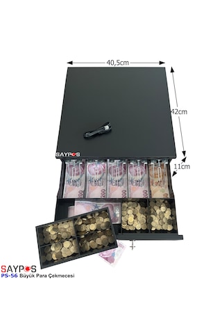 5 Geniş Kağıt Para Gözlü Yazarkasa Bağlantılı Ve Anahtardan Açılır Büyük Para Çekmecesi 40,5x42x11cm