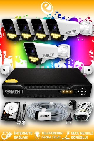 Elitcam 5 Kameralı Süper 5 Dış Kamera Set 100 GB 5 MP 2K Net Renkli Gece Görüşlü Güvenlik Kamerası Sistemi