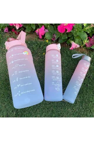 Motivasyonel 3lü Set Su Matarası Su Şişesi Suluk 2lt+900ml+300ml Tritan Spor Salonu Su Şişesi Suluk Çok Renkli