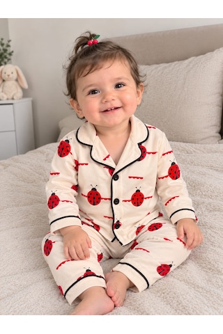 Güneş Kids Kız Bebek Pijama Uğur Böcekli Takımı Beyaz