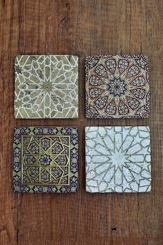 Baskılı Doğal Taş Bardak Altlığı 4'lü Set 10x10x1 Cm Geometrik Desenler - Stone Coasters Çok Renkli