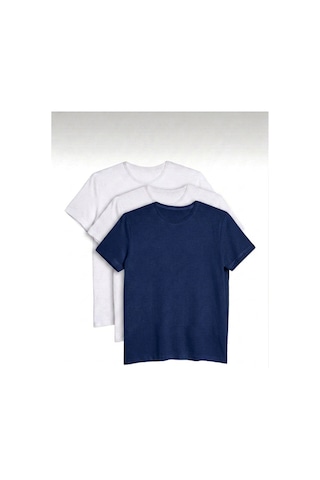 Bürke 3'lü Erkek/Unisex 2 Beyaz - 1 Lacivert Renk %100 Pamuk Bisiklet Yaka Basic Tişört