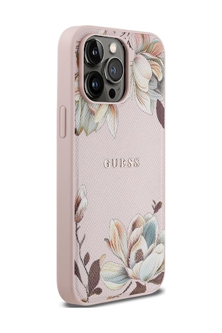 Apple Uyumlu iPhone 14 Pro Max Kılıf Guess Lisanslı M-safe Özellikli Taneli Çiçek Tasarımlı Metal Logolu Pembe