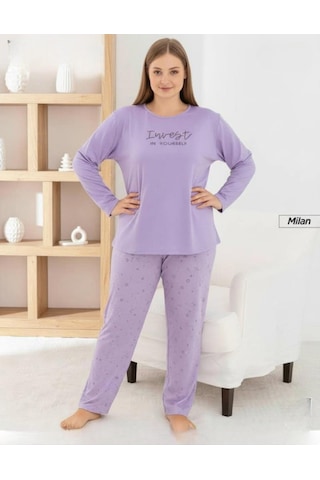 Pijamoni Kadın Milan Büyük Beden Bisiklet Yaka Uzun Kol İnce Pijama Takımı 7666/36 - 1 Adet Lila