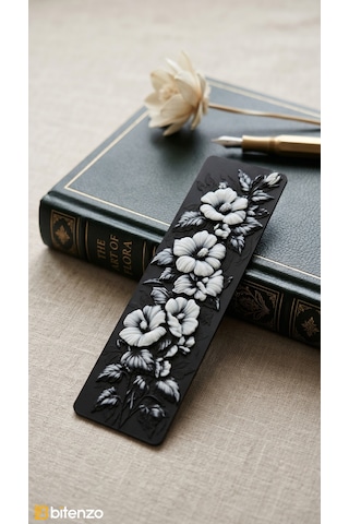 Floral Desenli Kabartma Dokulu Kitap Ayracı - Mat Siyah Sanatsal Çiçek Motifli Aksesuar