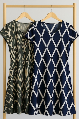 2 Adet Dökümlü Rahat Kalıp Günlük Penye Kumaş Elbise Koyu Haki