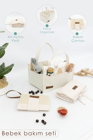 Mordesign 3'lü Bebek Bakım Seti Keçe Anne Bebek Organizeri, Su Geçirmez Alt Değiştirme Pedi, Alt Açma Çantası Bej Zg980 Bej