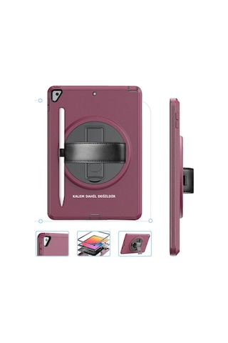 Zenviya21 Apple iPad Uyumlu 10.2 7.nesil Kılıf Hand Strap Tablet Kılıfı - Mürdüm Zenya785 Arka Kapak