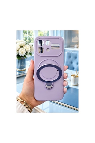 İnfinix Note 60 İle Uyumlu 360 Derece Dönebilen Kalın Metal Magsafe Halka Stantlı İçi Kadife Korumalı Ultra Lüx Premium Silikon Kılıf Lila