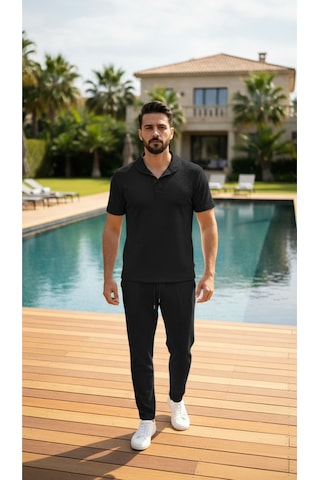Fifty Color Unisex Trend Bürümcük Krinkıl Kumaş Yazlık Likralı Kısa Kol Tişört Eşofman Takım Siyah