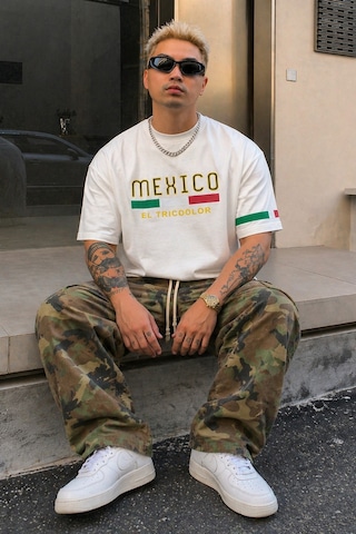 Tarz Cool Erkek Regular Baskılı Tişört Mexico Yazılı %100 Pamuk Rahat Kesim T-shirt Beyaz