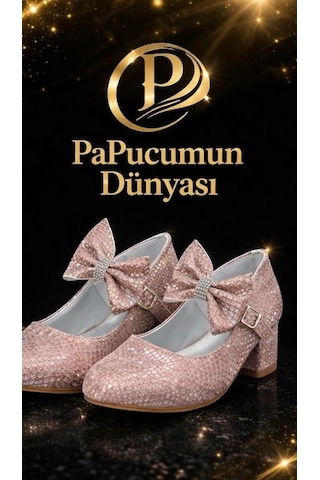 Papucumun Dünyası Topuklu Fiyonklu Kız Çocuk Babet Pembe