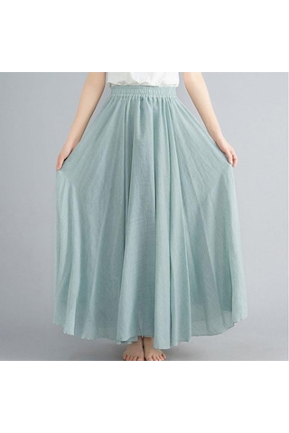 Yaz Sonbahar Kadın Etek Edebi Büyük Boy Pamuk Keten Yarım Etek Elastik Bel Keten A-line Etek Uzun Bölüm Saf Renk Rüzgar Salıncak Etek Açık Yeşil