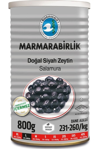 Marmarabirlik Doğal Salamura 231-260 KB L Siyah Zeytin 6 x 800 G