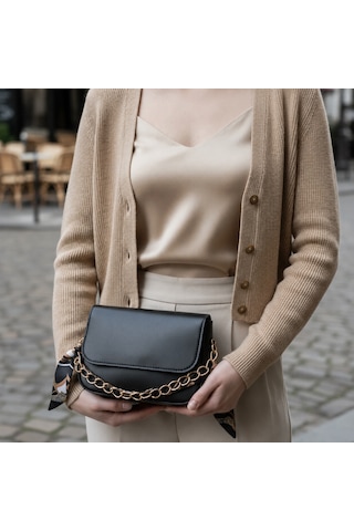 Celeste Bag Siyah Fular Ve Zincir Detaylı Kadın Omuz Çantası
