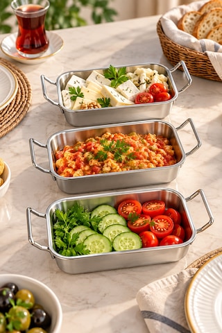 3 Lü Paslanmaz Çelik Mini Sunumluk Seti Kulplu Meze, Kahvaltılık Ve Sos Servis Tabağı Gümüş