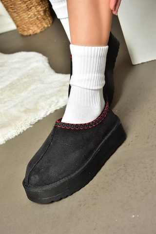 Fox Shoes R612047302 Siyah Süet İçi Tüylü Kalın Tabanlı Kadın Terlik Siyah