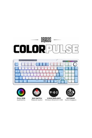 Dragos Colorpulse Mavi Beyaz Red Switch Hotswap Şarjlı Usb Wireless Bluetooth Full Rgb Mekanik Oyuncu Klavyesi