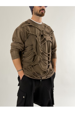 Cocopelli Street Yıkamalı Kahverengi Tasarım Erkek Sweatshirt Coc2648 Kahverengi