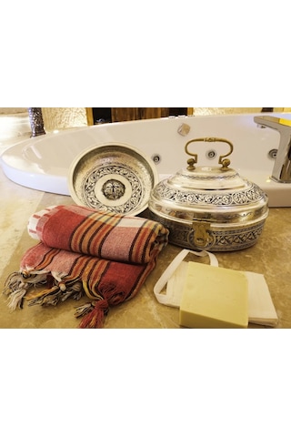 Bakır Hamam Seti Oyma Nakış İşleme Gümüş Renk Kalaylı Gümüş