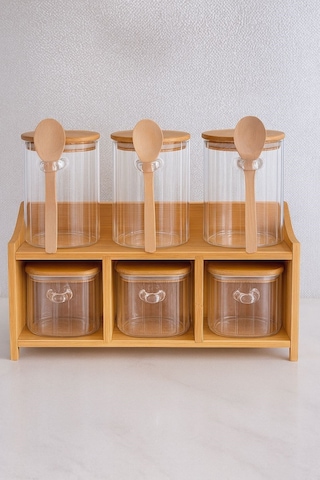 Qerhome 6lı Bambu Stantlı Borosilikat Cam Baharatlık Seti 430 Ml+330 Ml 11515 ŞEffaf