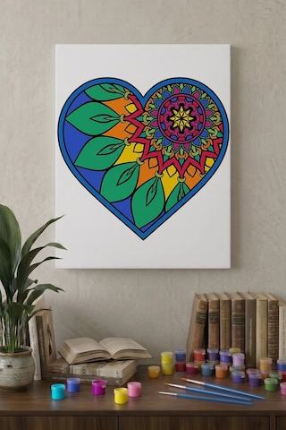 Yapraklı Kalp Desenli Mandala Ahşap Boyama Seti 40x50 Cm