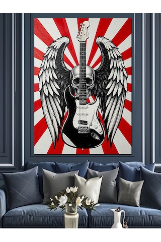 Kanatlı Kurukafa Ve Gitar Rock Konser Posteri Dekoratif Kanvas - Mdf Ahşap Tablo