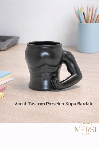 Vücut Tasarımlı Porselen Kupa Bardak Kaslı Figürlü 3d Kupa Bardak Siyah