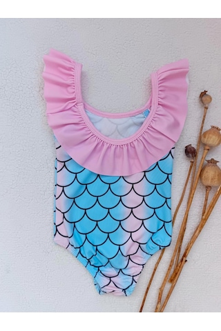 Bilge Trend Kız Çocuk Fırfır Detaylı Deniz Kızı Desenli Mayo Mavi - Pembe