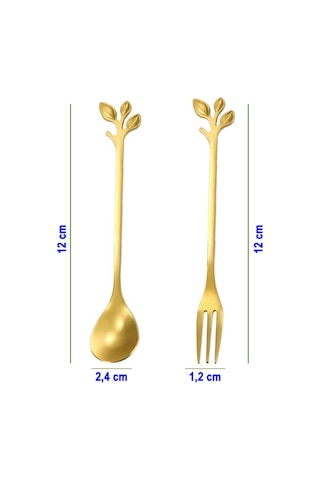 Jojobebek Yaprak Tasarımlı Gold Renk Paslanmaz Çelik Kaşık ve Çatal + Saklama Kutusu Sarı