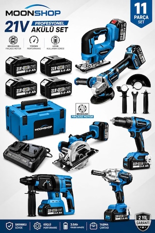 Moonshop DK011 21V DX-1079 Usta Seti 11 Parça Bl Motor Darbeli Matkap + Avuç Taşlama +  Somun Sıkma +  Daire Testere +  Dekupaj
