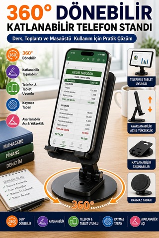 360 Dönebilir Katlanabilir Telefon Ve Tablet Standı Masaüstü Tutucu Ofis Ders Toplantı Aparatı