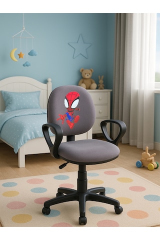 Örümcek Adam Desenli Çocuk Odası Ders Çalışma Sandalyesi Ofis Koltuğu Tekerlekli Çocuk Sandalyesi Gri