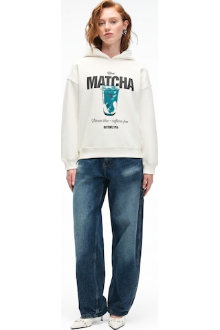 Grimelange YANMESA Kadın Oversize Baskı Ve Nakış Detaylı Uzun Kollu Kapüşonlu Beyaz Sweatshirt
